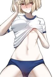 absurdres arcueid_brunestud blonde_hair bloomers blush breasts clothes_lift cowboy_shot female gym_uniform highres large_breasts musi_2nd navel pointy_chin red_eyes shirt shirt_lift short_hair simple_background solo tsukihime underwear white_background white_shirt