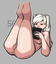 1girls anus ass book brown_eyes fire_emblem fire_emblem_awakening grey_hair holding_object legs_up looking_at_viewer medium_breasts nintendo nude nude_female on_back robin_(fire_emblem) robin_(fire_emblem)_(female) thighs triplestabber twintails