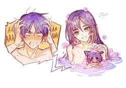 1boy 1girls bathing bathing_together blush blush_lines bubbles catboy embarrassed feline female genshin_impact male mona_(genshin_impact) scaramouche_(genshin_impact) shirtless topless washing washing_another