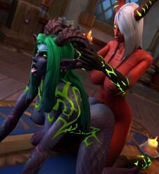 3d 3d_(artwork) big_ass big_breasts blizzard_entertainment corruption demon_girl demon_hunter demon_hunter_(warcraft) dominant_female draenei eredar fel_corruption fel_cracks fel_energy fel_tattoos green_eyes green_hair horned_female horns lesbian_sex man'ari man'ari_eredar manari mrtaxman neharaa night_elf purple_skin red_skin sindahlia submissive_female tail_penetrating tail_penetration tongue_out warcraft white_hair world_of_warcraft