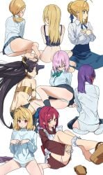 6+girls ahoge apron arcueid_brunestud artoria_pendragon_(all) artoria_pendragon_(fate) back barefoot black_hair blonde_hair blue_eyes blush bottomless breasts brown_eyes character_request crown fate/grand_order fate/stay_night fate_(series) hair_ribbon highres ishtar_(fate) kohaku_(tsukihime) long_hair looking_at_viewer maid_apron mash_kyrielight matou_sakura medium_breasts multiple_girls neck_ribbon panties pleated_skirt ponytail purple_hair red_eyes ribbon saber_(fate) sandals school_uniform short_hair simple_background sitting skirt socks some1else45 strapless tsukihime tube_top underwear wariza white_background white_panties white_socks