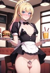 ai_generated blonde chastity_cage embarrassed femboy feminine_male germansissy sissy small_penis solo waitress_uniform