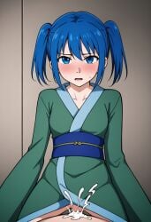 1boy 1boy1girl 1girls ai_generated blue_eyes blue_hair civitai clothed cum female green_kimono green_sash kaori_onidzuka looking_at_viewer masa_works_design mjdennsfw no_panties oni_to_kitsune_no_hanashi open_mouth penetration pov self_upload short_twintails solo_focus sweat twintails vaginal_penetration younger_female