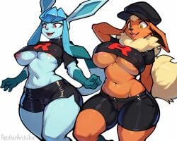 2girls ai_assisted ai_generated anotherarcticfox black_clothing breast_slip cameltoe female flareon glaceon hat nipple_slip team_rocket_uniform tight_clothing underboob wide_hips