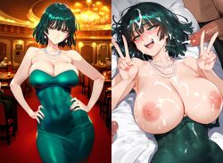 ai_generated big_breasts breasts cleavage comprehentai cum dark-skinned_male dress fubuki_(one-punch_man) gangbang gangrape green_hair group instant_loss instant_loss_2koma large_breasts light-skinned_female necklace nipples peace_sign penis rape