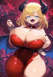 ai_generated ameanon big_breasts blue_eyes breasts cleavage devil_horns earrings fangs hololive hololive_english hololive_myth horns huge_breasts large_breasts red_dress tail thick_thighs virtual_youtuber vtuber watson_amelia wings