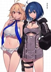 2girls ahoge alternate_costume antenna_hair arcueid_brunestud bare_legs bare_shoulders bikini bikini_under_clothes black_bikini black_jacket blonde_hair blue_eyes bovine breasts ciel_(swimsuit_mooncancer)_(fate) ciel_(tsukihime) cross cross_necklace fate/grand_order fate_(series) habit highres jacket jewelry large_breasts looking_at_viewer multiple_girls navel necklace red_eyes stomach swimsuit tsukihime uxco0 white_background white_bikini