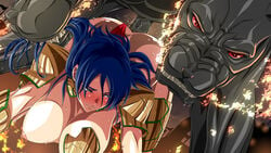 1monster all_fours areolae armor ass blue_eyes blue_hair blush breasts clenched_teeth color defeated demon doggy_style female female_on_feral from_behind hanging_breasts highres huge_breasts huge_monster inja_no_kuruwa interspecies larger_feral larger_male legs long_hair looking_back monster nipples rape saliva sex size_difference sweat thighs vaginal_penetration