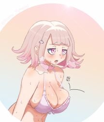 1girls adorable big_breasts bikini blush breasts busty commentary covered_erect_nipples cute danganronpa danganronpa_2:_goodbye_despair danganronpa_s:_ultimate_summer_camp female flipped_hair galaga highres hot huge_breasts large_breasts medium_hair nanami_chiaki navel open_mouth pink_eyes shortstack solo spaceship_hair_ornament sweat swimsuit voluptuous voluptuous_female