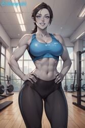 1girls ai_generated blue_eyes eye_contact female female_only grey_skin gym hands_on_hips smiling_at_viewer solo sports_bra ultilongrod wii_fit wii_fit_trainer wii_fit_trainer_(female)