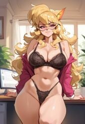 1girls 2d ai_generated animal_ears anthro big_breasts blonde_hair blue_eyes bra callie_briggs feline female female_focus female_only furry furry_female furry_only glasses indoors long_hair panties presenting smile solo solo_female solo_focus swat_kats tagme unbuttoned underwear