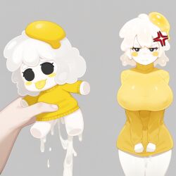 angry cum doll egg egg_(lemyawn) food_creature knightnyan meme pov stuffed_toy sweater voodoo white_background white_hair