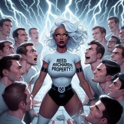 1girls ai_generated ai_hands background_characters dark-skinned_female female light-skinned_male light_skin male marvel marvel_comics multiple_boys ororo_munroe raceplay roguesupremacy same_face storm_(x-men) straight straight_hair t-shirt underwear white_hair x-men