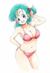 ai_assisted ai_generated arm_behind_head armpits ass_visible_through_thighs bare_arms bare_belly bare_legs bare_shoulders bare_thighs belly_button big_breasts bikini blue_eyes blue_hair blush breasts bulma_briefs cleavage collarbone dragon_ball hair_ornament hand_on_own_ass jei_games open_mouth pink_bikini short_hair side_ponytail sideboob smile thighs