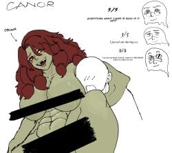 1girls 2d 2d_(artwork) 2d_artwork apwd breasts canor_(deepwoken) censor_bar censored censored_nipples censored_pussy deepwoken drunk english_text fangs muscular_female red_hair roblox roblox_game robloxian self_upload sweat tagme text thighs