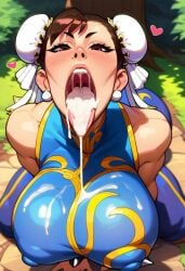 1female ahe_gao ai_generated blush busty chun-li close-up clothed cum_drip cum_in_mouth earrings female female_focus gvukub hearts huge_breasts nipple_outline street_fighter tagme