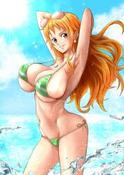 1girls alternate_costume big_breasts bikini breasts female female_only green_bikini huge_breasts large_breasts long_hair minpei_ichigo nami nami_(one_piece) ocean one_piece orange_eyes orange_hair solo solo_female striped_bikini thick_thighs thighs voluptuous voluptuous_female