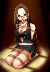 2d 2d_(artwork) bondage bound bound_arms bound_legs breasts brown_hair dankestofdans female female_focus female_only fushimi_chihiro gag gagged human humanoid light-skinned_female light_skin looking_at_viewer on_knees persona persona_3 rope rope_between_breasts rope_bondage submissive submissive_female thighs