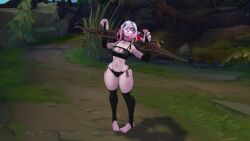 breast_window briar_(league_of_legends) cat_lingerie claws cleavage_window collar league_of_legends pale-skinned_female pale_skin pillory red_sclera sharp_fingernails stockings white_eyes