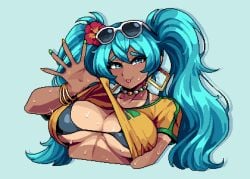 1girls brazil brazilian brazilian_female brazilian_miku breasts dih_pixels female female_only hatsune_miku large_breasts latin_american_hatsune_miku_(meme) looking_at_viewer pixel_art shirt shirt_lift solo sweat tan_body tan_skin tanline vocaloid