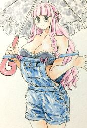 bra cleavage female female_only large_breasts one_piece overalls perona pink_hair puipui tagme