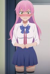 ai_generated blush fuufu_ijou_koibito_miman pink_hair ribbon school_uniform shirt skirt tophentaihaven watanabe_akari