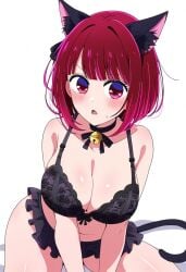 ai_assisted ai_generated arima_kana ass_visible_through_thighs bare_arms bare_belly bare_legs bare_shoulders bare_thighs belly_button big_breasts bikini bikini_skirt black_bikini blush breasts cat_ears cat_tail cleavage jei_games neck_bell open_mouth oshi_no_ko pointy_chin red_eyes red_hair short_hair sweatdrop thick_thighs thighs