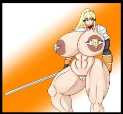 1girls abs alternate_breast_size armor blonde_female blonde_hair blue_eyes darkness_(konosuba) dustiness_ford_latatina f_e_ female female_only huge_breasts kono_subarashii_sekai_ni_shukufuku_wo! looking_at_viewer muscular muscular_female muscular_thighs partially_clothed ponytail shoulder_pads simple_background sword