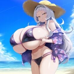 ai_generated alternate_breast_size ameanon beach big_breasts bikini breasts cleavage hands_on_breasts hololive hololive_gen_2 huge_breasts large_breasts murasaki_shion sideboob straw_hat underboob virtual_youtuber vtuber white_hair