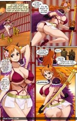 1girls 2boys absurd_res ass beast_pirates beast_pirates_(cosplay) breasts comic english_text female female_focus hi_res high_heels large_ass large_breasts male nami one_piece pinkpawg post-timeskip short_skirt text thighs wano_country wide_hips