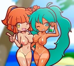 2girls alternate_version_available arle_nadja beach brazil brazilian brazilian_female brazilian_miku breast_press breast_squeeze breasts completely_nude completely_nude_female crossover drink female female_only furii_(artist) green_eyes green_hair hatsune_miku light-skinned_female light_skin long_hair madou_monogatari navel nipples nude nude_female one_eye_closed orange_hair pantylines pink_nipples ponytail pussy puyo_puyo puyo_puyo_artstyle puyo_puyo_fever tan-skinned_female tan_skin tanline twintails underboob very_long_hair vocaloid wink yellow_eyes