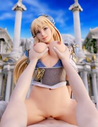 1boy blonde_hair blue_eyes blurry bottomless breast_grab breasts clothing cowgirl_position day female grabbing green_eyes groping hair_ornament large_breasts long_hair looking_at_viewer male mrstranger navel nipples penis pillar sex sky smile solo_focus sophitia_alexandra soul_calibur soulcalibur spread_legs straddling straight vagina vaginal_penetration