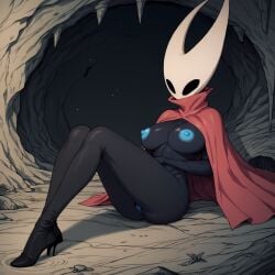 ai_generated black_body blue_nipples bound_legs breasts breasts_out cape glowing_genitalia glowing_nipples hollow_knight hornet_(hollow_knight) medium_breasts purple_tentacles red_cape