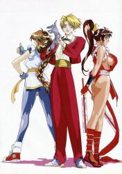 3girls ass belt big_breasts big_breasts big_butt blonde_hair blue_eyes braid braided_hair braided_ponytail brown_eyes brown_hair clothed earrings female from_behind gloves hair_ornament japanese japanese_clothes jewelry karate_gi king_(snk) king_of_fighters light-skinned_female light_skin long_hair mai_shiranui pale-skinned_female pale_skin pants ponytail ponytails red_clothing shoes short_hair sideboob socks suit thumbs_up tied_hair yoga_pants yuri_sakazaki