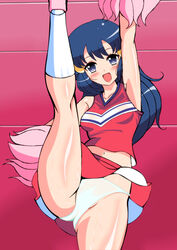 blue_eyes blue_hair blush cheerleader chro dawn_(pokemon) female female_only fully_clothed human long_hair panties pokemon pom_poms skirt solo splits vertical_splits