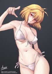 adsouto ahoge alternate_costume arcueid_brunestud bikini blonde_hair breasts collarbone female female_only grin highres medium_breasts navel pointing pointing_at_viewer red_eyes revealing_clothes short_hair side-tie_bikini_bottom signature simple_background skimpy_clothes smile solo swimsuit tsukihime variant_set white_bikini