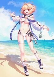 ahoge arcueid_brunestud aro_1801 artist_logo bare_shoulders beach bikini blonde_hair breasts fate/grand_order fate_(series) female highres hood hooded_jacket jacket medium_breasts navel ocean open_mouth red_eyes sand shadow short_hair smile solo swimsuit tsukihime tsukihime_(remake) white_bikini white_jacket