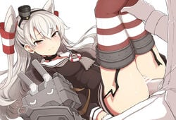 1boy admiral_(kantai_collection) amatsukaze_(kantai_collection) blush brown_eyes censored female garter_straps gloves hair_tubes kantai_collection legs_up long_hair lying nusopponpoffu on_back penis rensouhou-kun sex silver_hair small_breasts striped striped_legwear thighhighs two_side_up vaginal_penetration white_background white_gloves