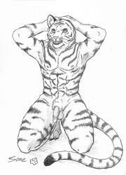 absurd_res anthro balls fangs felid genitals graphite_(artwork) hand_on_head hi_res holding_head kneeling male mammal nipples nude open_mouth pantherine pencil_(artwork) penis short_fur simple_background solo some_(someone) tail teeth tiger traditional_media_(artwork) whiskers white_background