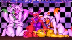 3d accurate_art_style animatronic bedroom_eyes bird bird_girl checkered_wall closed_eyes cowgirl_position disboi215 five_nights_at_freddy's five_nights_at_freddy's:_sister_location five_nights_at_freddy's_2 fnaf fox fox_ears fox_girl fox_tail girl_on_girl green_body green_nipples hand_on_breast hand_on_butt hand_on_foot hand_on_head hugging lolbit_(fnaf) looking_at_partner looking_at_viewer mangle_(fnaf) on_knees orange_body orange_nipples original_character palette_swap pink_body pink_lipstick pink_nipples purple_body purple_cheeks purple_lipstick red_body red_cheeks red_lipstick robot rosy_cheeks sex_goddess shiny_body tangle_(fnaf) toy_chica_(classic) toy_chica_(fnaf) victoria_(fnaf) victoria_(oc) white_body yellow_body yuri