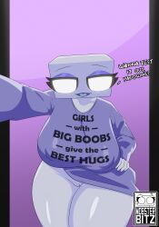 1girls big_breasts breasts clothing dialogue digital_media_(artwork) english_text female hand_on_hip looking_at_viewer melli_(mobzy) mobzylewd object_head oversized_clothes pussy solo text voluptuous voluptuous_female white_body white_skin wide_hips