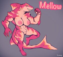 absurd_res anthro balls big_breasts breasts claws feet female fish fur genitals hi_res marine mellow_(tussamag) muscular muscular_female nipples nude penis pink_body pink_fur pussy shark smile solo spikes tail teeth text tussamag