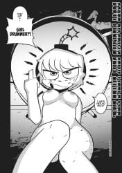 1girls arm_up bomb drum_set female freckles freckles_on_arms freckles_on_ass freckles_on_chest freckles_on_face freckles_on_shoulders geekboylewds kim_pine middle_finger monochrome musical_instrument nude nude_female scott_pilgrim short_hair solo solo_female