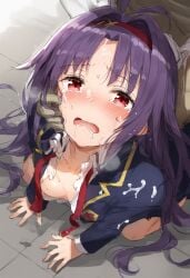 ai_generated crying cum cum_drip exposed female femsub forced from_behind hand_on_head kneeling konno_yuuki looking_up on_floor purple_hair questionable_consent rape school_uniform shtormyy sword_art_online tears