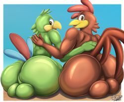 absurd_res anthro ass avian backsack balls big_butt bird brick_break_after_dark chicken disney duo galliform gallus_(genus) genitals hi_res holding_another jose_carioca looking_at_viewer looking_back looking_back_at_viewer male male/male open_mouth panchito_pistoles parrot phasianid rear_view sitting smile the_three_caballeros