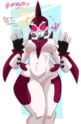 alien alien_girl alien_humanoid arms_up ben_10 blush blush_lines chaquetrix female female_focus female_only fingerless_gloves giant_female giantess gustav01art nervous nervous_smile solo solo_female text to'kustar way_big