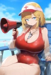 ai_generated big_breasts blonde_hair blue_eyes breasts cleavage female hololive hololive_english hololive_myth huge_breasts large_breasts lifeguard lifeguard_swimsuit one-piece_swimsuit red_swimsuit sideboob sitting sweat thick_thighs virtual_youtuber visor visor_cap vtuber watson_amelia whistle