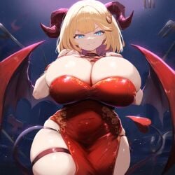 ai_generated ameanon big_breasts blue_eyes breasts cleavage devil_tail hololive hololive_english hololive_myth horns huge_breasts large_breasts red_dress tail thick_thighs thigh_strap virtual_youtuber vtuber watson_amelia wings