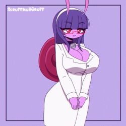 animated big_breasts bouncing_breasts bra chunkymoon female female_focus female_only first_porn_of_character gif glasses labcoat lingerie purple_skin red_eyes scruffmuhgruff shell shell_(chunkymoon) thighs uncensored