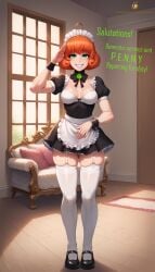 ai_generated cute cute_face female green_eyes maid maid_apron maid_headdress maid_outfit maid_uniform orange_hair patreon penny_polendina robot robot_girl rwby salute self_upload skimpy skimpy_clothes slutty_outfit smile tagme text twistedpeach